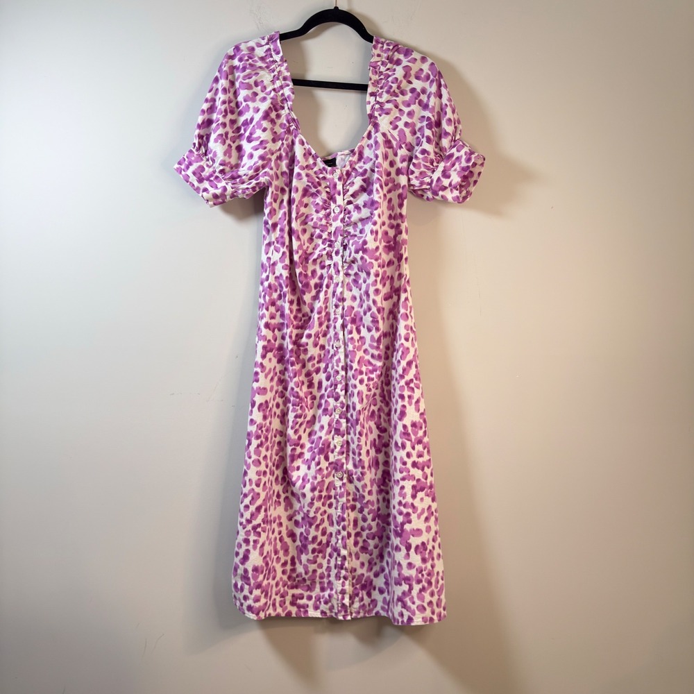Who What Wear Midi Dress Purple Leopard Puff Sleeve Linen Blend Womens Size M